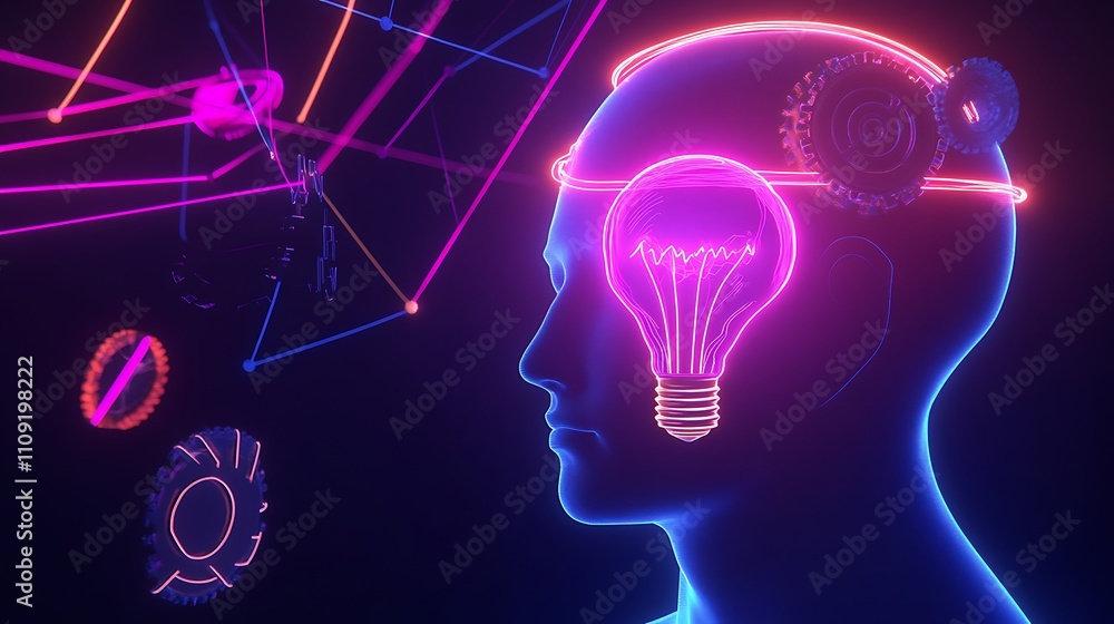 Poster exploring creativity and innovation through the visual representation of a light bulb in the mind
