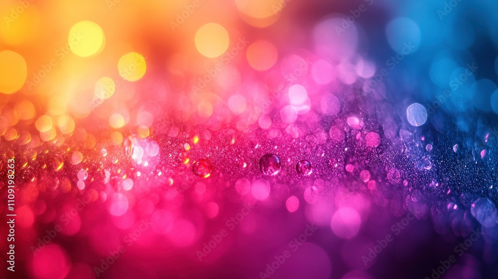 Poster vibrant abstract background with colorful bokeh effects and water droplets on surface, creating a st