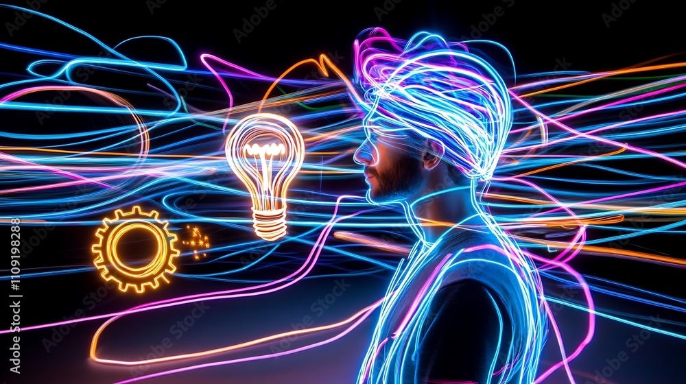 Poster exploring creativity and innovation through the visual representation of a light bulb in the mind