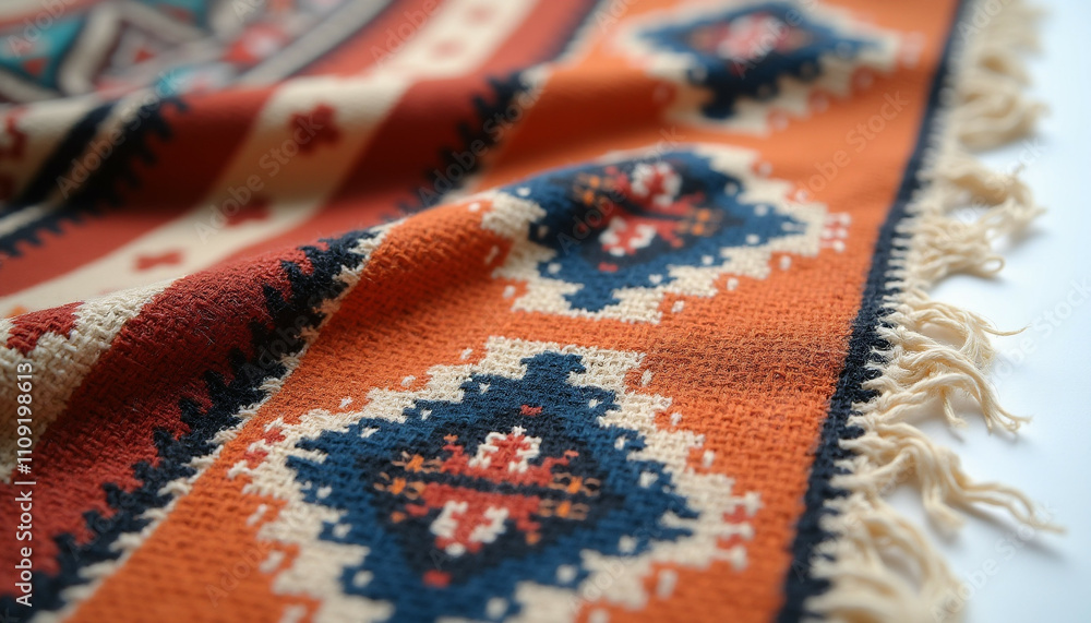 Poster Close up of a richly colored textile with intricate geometric patterns and frayed edges.