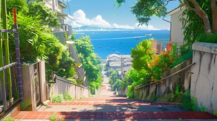 Fototapeta premium A serene coastal path with lush greenery, bamboo fences, flowers, and a view of the ocean under a clear blue sky