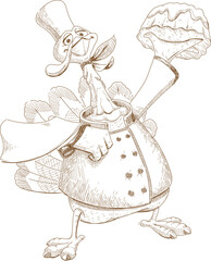 Waiter chef turkey hold dessert black and white drawing. Vector illustration