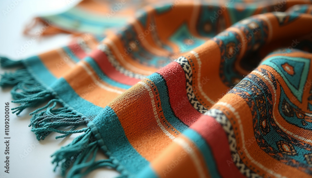 Poster close up of a vibrant textile with teal and orange stripes intricate patterns and fringed edges.