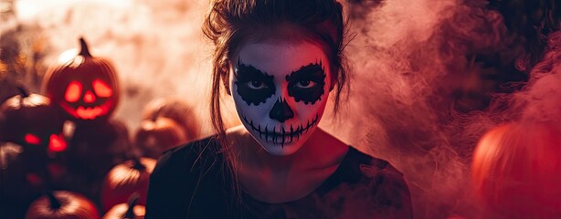 a Halloween party, a little girl with face paint in skull makeup surrounded by pumpkins and smoke