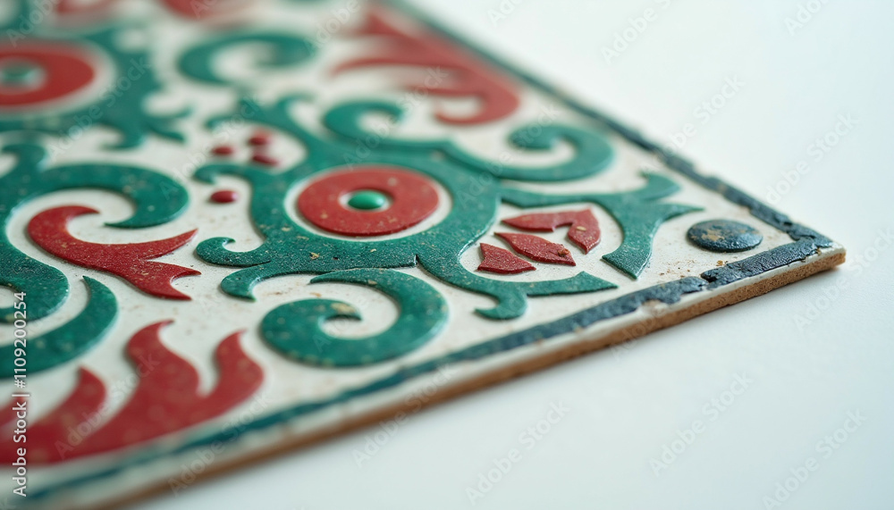 Poster close up of a vintage tile with intricate red and green patterns showcasing its textured surface.