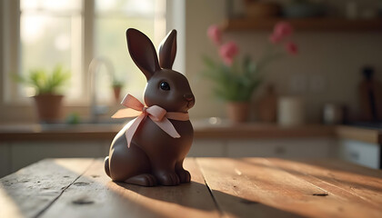 Chocolate bunny with ribbon on rustic wooden table in kitchen