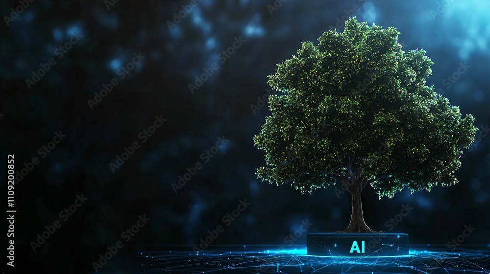 Poster ai and making money online concept. digital tree symbolizing artificial intelligenc...
