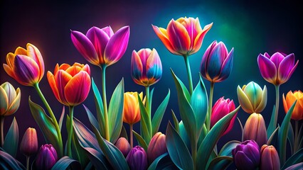 Fototapeta premium Vibrant Neon Floral Art: Bright Tulips Blooming Against Dark Textile Background for Vintage Botanical Design, Perfect for Wall Decor, Wallpaper, Cover, Banner, Poster, and Card.