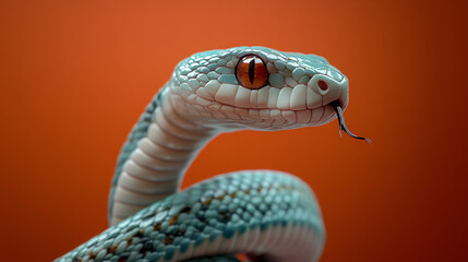 A stunning close-up shot of a snake with striking turquoise scales and orange eyes, capturing its intricate details against a warm, muted background.
