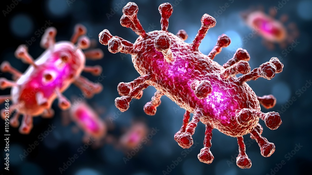 Poster electron microscope view revealing intricate details of virus structure, showcasing unique shapes, t