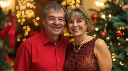 Christmas smiling caucasian couple, festive blur background