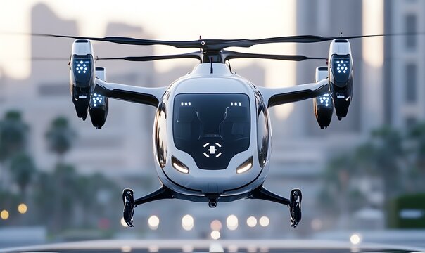 Electric VTOL air ambulance descends gracefully onto a hospital rooftop, ready to provide urgent medical assistance and save lives.