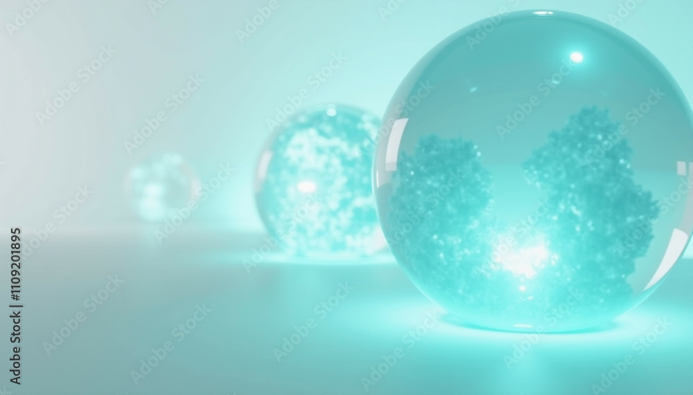 Aufkleber three translucent teal spheres with internal light and texture arranged on a gradient background.