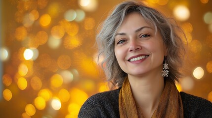 Obraz premium Christmas smiling caucasian woman with golden, festive background