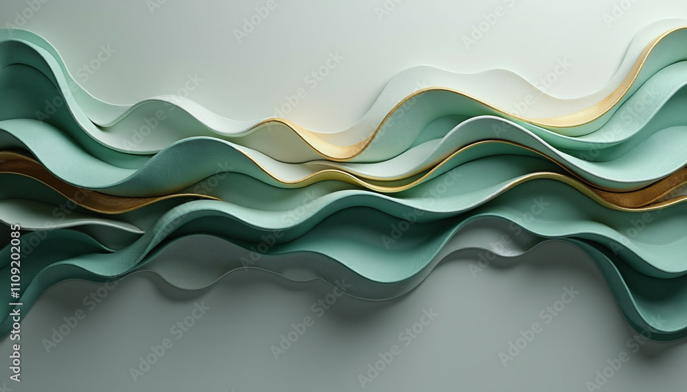 Poster abstract 3d rendering of flowing layered teal and gold waves on a light background.
