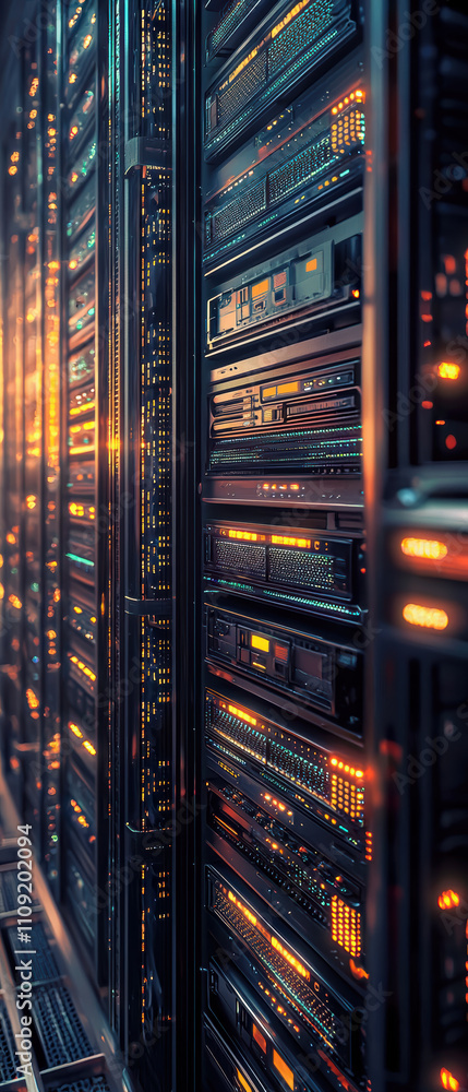 Poster high resolution image of well organized digital storage system with illuminated servers, showcasing 