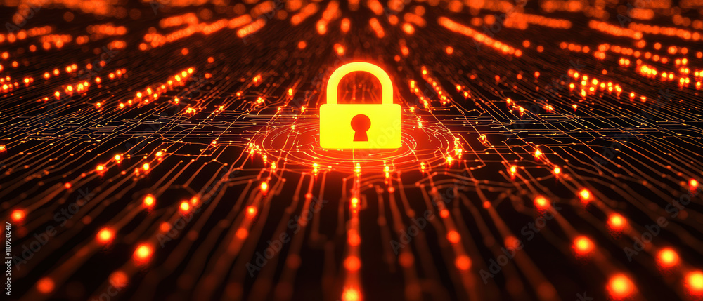 Poster glowing padlock symbol surrounded by network of glowing lines represents digital security and data p
