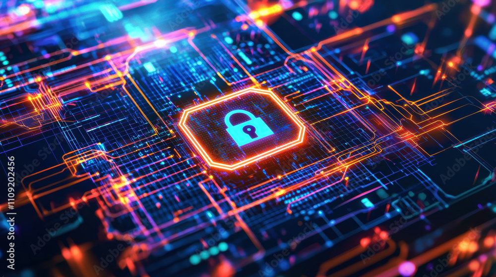 Poster high resolution image of vibrant holographic interface featuring padlock symbol, representing digita