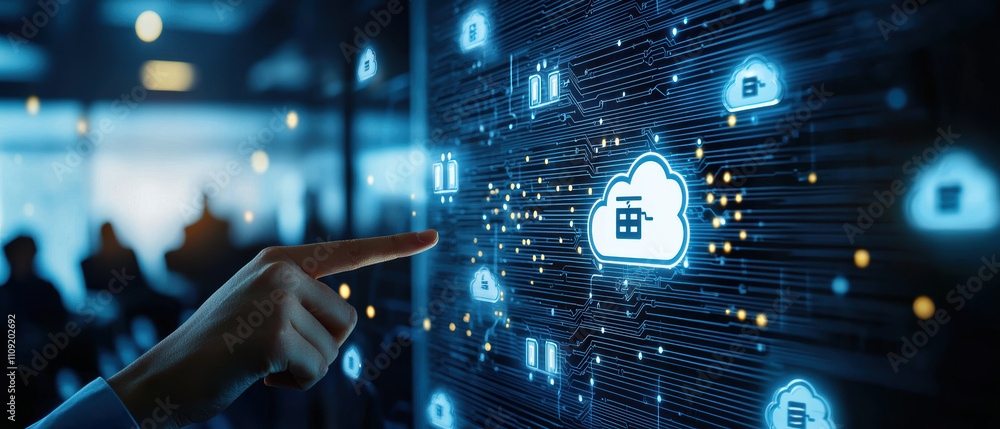 Poster professional hand pointing at digital cloud interface with data connections, symbolizing technology 