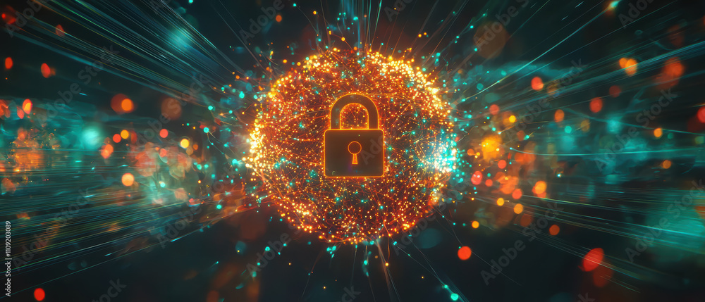 Poster digital security concept with glowing padlock surrounded by vibrant particles and light trails, symb