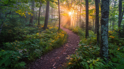 Fototapeta premium serene hiking trail surrounded by lush greenery and tall trees, illuminated by soft sunlight filtering through leaves, creating peaceful atmosphere
