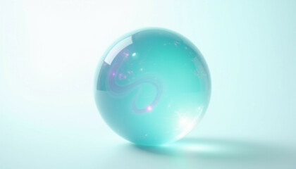 A translucent teal sphere with internal swirling light patterns  sits on a pale blue background.