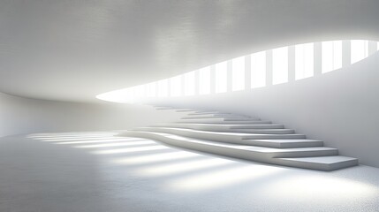 Fototapeta premium A white modern room with curved stairs and rows of windows.