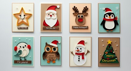 Fototapeta premium Various Christmas, New Year card and banner collection: Santa Claus, Christmas tree, snowman, reindeer, ornament, xmas elements and decorations and many more