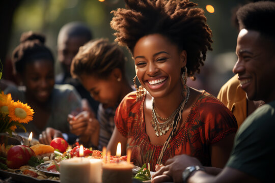 Radiant woman in a festive outdoor gathering, surrounded by friends, colorful food, candles, and sunflowers, exuding joy and warmth.