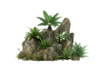 3D Render of a Lush Tropical Rock Garden with Palm Tree, Ferns, and Other Plants on a Black Background isolated on transparent or white background