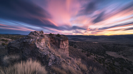 Naklejka premium stunning landscape featuring rocky outcrop under vibrant sunset sky, showcasing dramatic clouds and serene valley below. scene evokes sense of tranquility and natural beauty