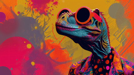 Obraz premium stylish dinosaur wearing a orange sunglasses and abstract painted wall 