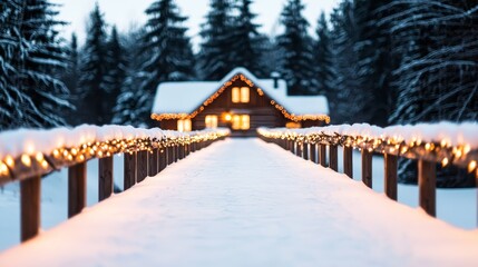 Fototapeta premium Winter wonderland cozy cabin retreat snow-covered pathway festive lights nature's beauty tranquil escape seasonal serenity