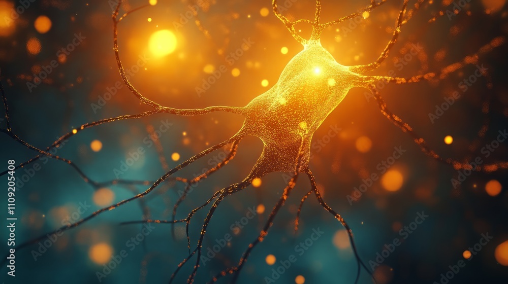 Poster microscopic view of a neuron cell with glowing synapses.