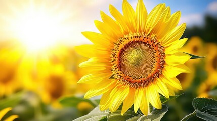 Obraz premium Vibrant sunflower blooms under bright sunlight in a field.