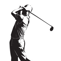 Black and White Minimalist Male Golfer Mid-Swing Illustration