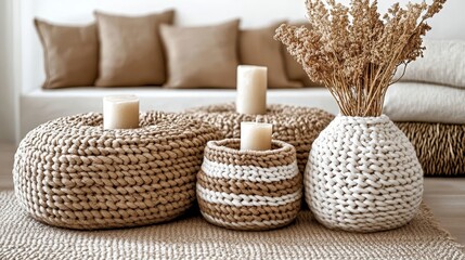 Fototapeta premium Cozy home interior with knitted pillows, soft blankets, dried flower vases, and candles, perfect for decor, lifestyle, and hygge-inspired designs.