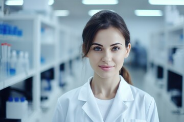 Fototapeta premium Крупный портрет женщины исследователя в белом халате на фоне медицинский лаборатории.