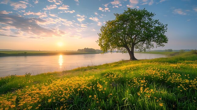 Perfect spring scene and morning meadow near the river with alone tree on the shore. Location place river Seret, Ukraine, Europe. Photo wallpaper. Environmental concept. Discover the beauty of earth.
