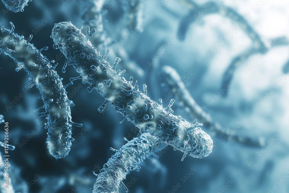 Poster microorganisms in a fluid environment under microscopic view