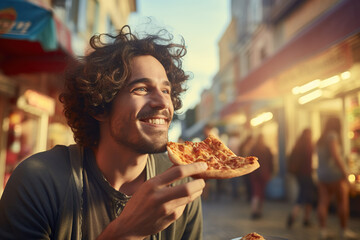 A young smiling man eating pizza on a city street.