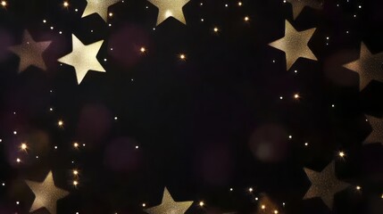 Golden stars, shining particles and bokeh effects scattered across a dark background. Rotating spinning stars on blank empty black background. Holiday celebratory festive motion graphics template.