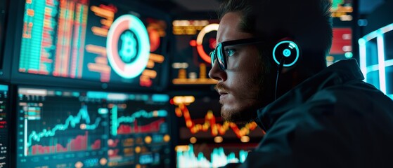 Cryptocurrency Trader Analyzing Stock Market Data on a Computer Screen