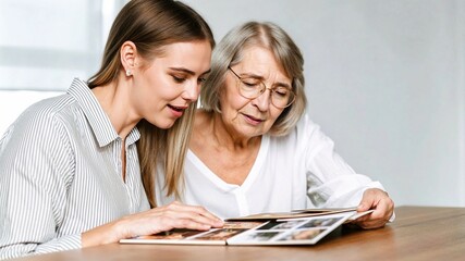 Elderly woman with Alzheimer's disease looking at family photos with caregiver in bright interior