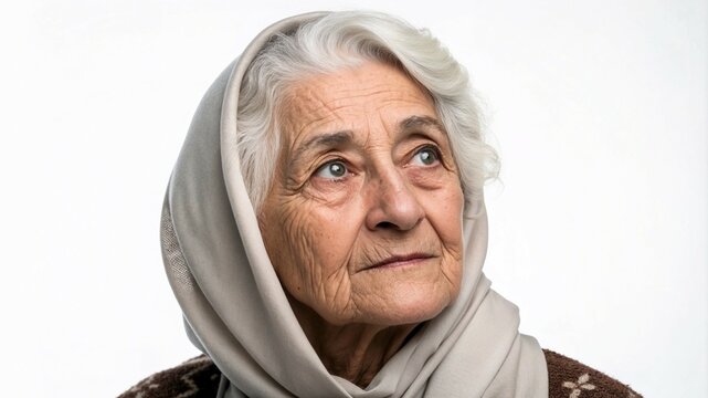 Portrait of an elderly Georgian woman with a headscarf looking thoughtfully against a neutral background