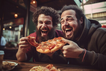 Two smiling male friends eating pizza and having fun sitting at a restaurant.