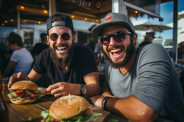 Two smiling male friends having fun sitting at a restaurant and eating burgers.