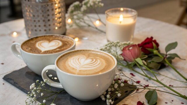 Coffee cups with heart latte art on a romantic date setting with roses and candlelight