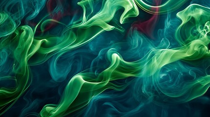 Obraz premium A mesmerizing abstract composition of emerald green and maroon smoke, curling and intertwining like ribbons on a midnight blue, glowing as if lit from within.