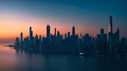 Obraz premium Modern City Skyline Silhouettes at Sunset with Flickering Window Lights